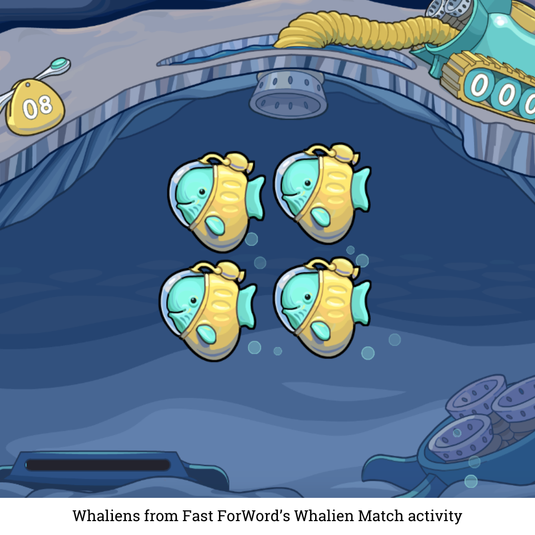 Four cartoon Whalians (half whale, half alien) with yellow fins and turquoise bodies are arranged in a square pattern underwater in a Fast ForWord reading program activity. The background features a submerged mechanical structure with numbers on spherical objects floating in the water.